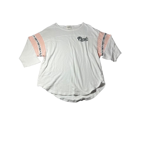 PINK‎ by VICTORIA SECRET Womans XS 1/2Sleeve TShirt White&Pink Logo Round Neck - Picture 1 of 6